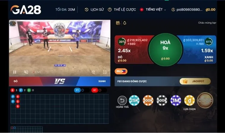 Giao diện đặt cược Đá Gà GA28 tại 68Win
