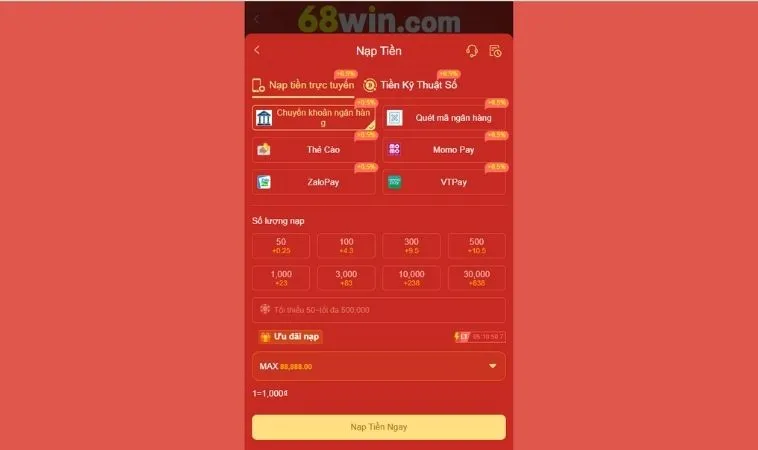 Giao diện nạp tiền 68Win