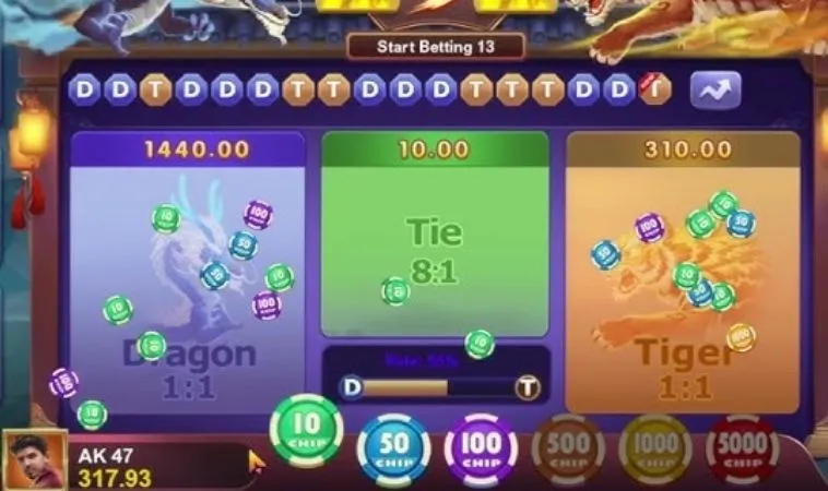 Các cửa cược trong game Dragon Tiger tại 68Win